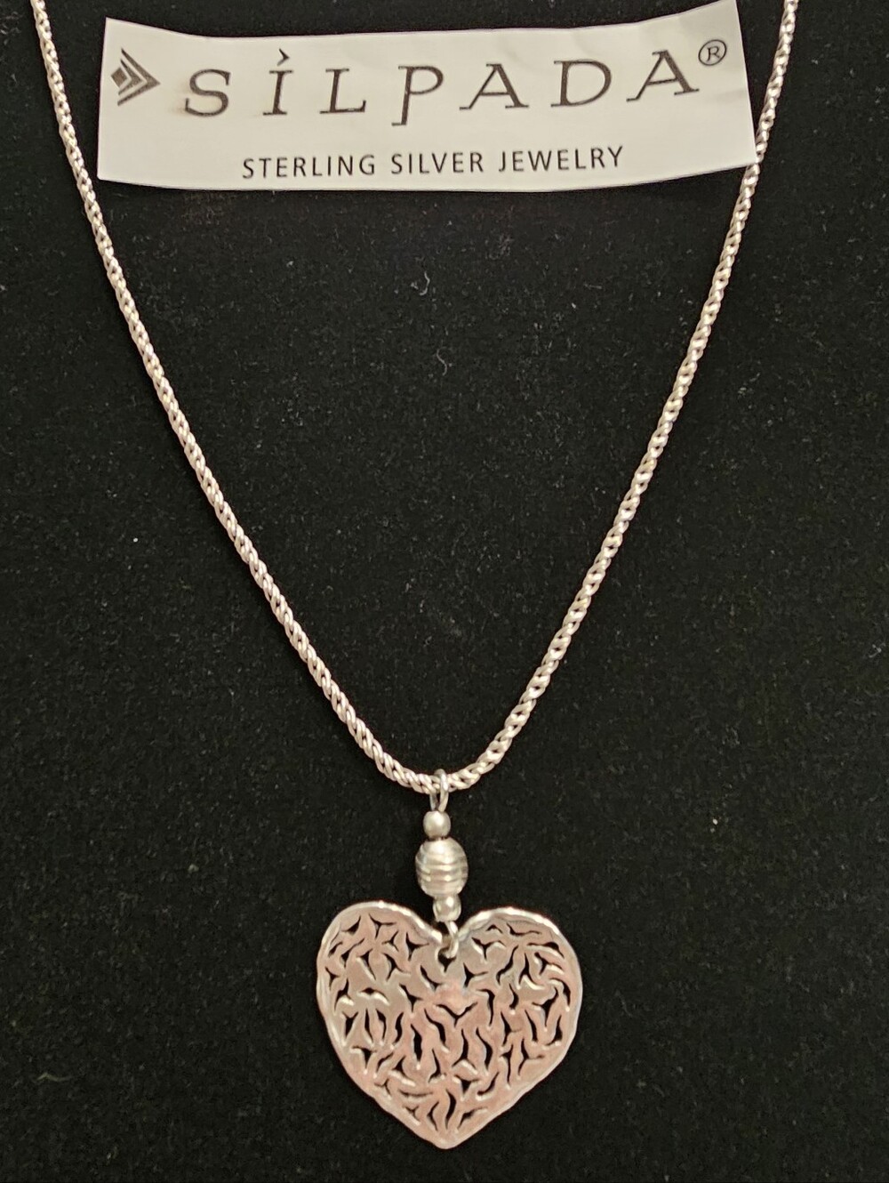 SILPADA Sterling Silver 925 Filagree Cutout Heart Pendant Rope Chain Neckace